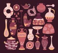 Decorative ceramic pottery. Clay crockery, vases and dishes, ceramic tableware. Kitchenware, pottery items hand drawn flat vector