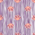Decorative childish pink flowers elements seamless doodle pattern. Purple and white striped background