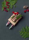 Christmas background with candy cane sled and gift boxes