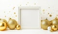 Decorative Christmas background with golden balls and frame with free space for text. AI generated Royalty Free Stock Photo