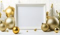 Decorative Christmas background with golden balls and frame with free space for text. AI generated Royalty Free Stock Photo