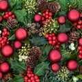 Decorative Christmas Background with Baubles & Winter Greenery