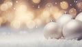 Decorative christmas baubles in snowfall against bokeh background. Selective focus and shallow depth of field Royalty Free Stock Photo