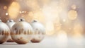 Decorative christmas baubles in snowfall against bokeh background. Selective focus and shallow depth of field. Ai generated Royalty Free Stock Photo