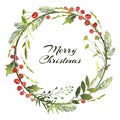 Decorative Christmas circle frame with leaves, fir branches, meadow herbs and holly berries Royalty Free Stock Photo