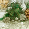 Decorative Christmas composition with Traditional elements of the holiday. Royalty Free Stock Photo