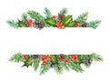 Decorative Christmas element with watercolor branches of holly and pine with space for text Royalty Free Stock Photo