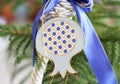 Decorative Christmas pomegranate with blue crystal beads and tassels