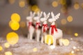 Decorative Christmas-themed figurines. Christmas deer. Christmas tree decoration. Festive decor, warm bokeh lights