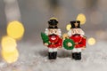 Decorative Christmas-themed figurines. Christmas toy soldiers from a nutcracker fairy tale. Christmas tree decoration. Festive Royalty Free Stock Photo