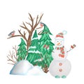 Decorative Christmas tree in winter with snow, Snowman and Bullfinch bird couple and snowdrifts. Front view, arrow head Royalty Free Stock Photo