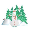 Decorative Christmas tree in winter with snow, Snowman and Bullfinch bird couple and snowdrifts. Front view, arrow head Royalty Free Stock Photo