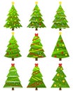 Decorative Christmas trees icons set. Cute Christmas trees with toys. Fir tree. Pine tree. Spruce tree. Vector illustration Royalty Free Stock Photo