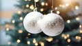 Decorative christmas white balls on a tree with bokeh in the background, shallow depth of field, new year decor, merry christmas Royalty Free Stock Photo