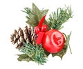 Decorative christmas wreath with pine cone and red apple close-up isolated on white background Royalty Free Stock Photo