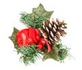 Decorative christmas wreath with pine cone and red apple close-up isolated on white background Royalty Free Stock Photo