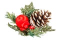 Decorative christmas wreath with pine cone and red ball close-up isolated on white background Royalty Free Stock Photo