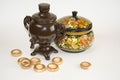 decorative clay samovar and wooden painted casket