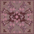 Decorative color floral background, strawberry and butterfly pattern ornate lace frame. Bandanna shawl fabric print Royalty Free Stock Photo