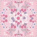 Decorative color floral background, strawberry and butterfly pattern ornate lace frame. Bandanna shawl fabric print Royalty Free Stock Photo