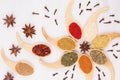 Decorative colorful fun ornament of multicolored asian spices and anise star, clove on white wooden background. Royalty Free Stock Photo