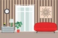 Decorative colorful living room of sofa, nightstand, torchere, clock, balcony windows, cozy plant, wallpaper, painting, wood decor