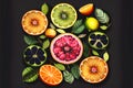 Colorful sliced fruit on a black background