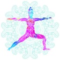 Decorative colorful yoga pose over ornate round mandala pattern.