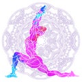 Decorative colorful yoga pose over ornate round mandala pattern.