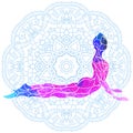 Decorative colorful yoga pose over ornate round mandala pattern.