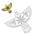 Decorative coloring page with bird, easter flying bird, tattoo design, print design