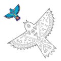 Decorative coloring page with bird, easter flying bird, tattoo design, print design