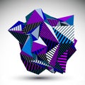 Decorative complicated unusual eps8 figure constructed from triangles with parallel black lines. Purple striped multifaceted