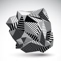 Decorative complicated unusual eps8 figure constructed from triangles with parallel black lines. Striped multifaceted asymmetric