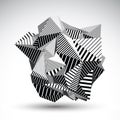 Decorative complicated unusual eps8 figure constructed from triangles with parallel black lines. Striped multifaceted asymmetric