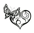 Decorative composition of curls and ornamented abstract silhouette butterfly and heart