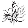 Decorative composition of curls and ornamented abstract silhouette butterfly. Maybe for tattoo