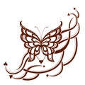 Decorative composition of curls and ornamented abstract silhouette butterfly. Maybe for tattoo