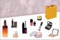 Decorative composition of feminine beauty products. Set of make up brushes, liquid make-up pillow, skin care products, eye shadows