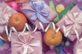 Decorative composition five boxes with gifts Satin ribbon Bow Oranges Confetti Serpentine birthday party.