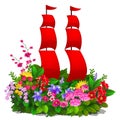 Decorative composition in the form of plants, flowers and red sails isolated on white background. Vector cartoon close Royalty Free Stock Photo