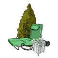 Decorative composition with green lounger, thuja tree and hosta flower