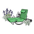 Decorative composition with green lounger, watering can, iris and hosta flowers.