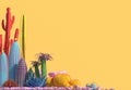 Decorative composition of groups of different species of multicolored cacti on yellow background. Contemporary art. ÃÂ¡opy space.