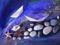 Decorative composition installation - smooth sea stones, sea salt, shells, starfish and paper boats on a blue background Royalty Free Stock Photo