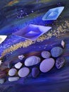 Decorative composition installation - smooth sea stones, sea salt, shells, starfish and paper boats on a blue background Royalty Free Stock Photo