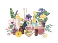 Decorative composition with perfume or toilet water in glass bottles of different shapes and sizes, aromatic incense