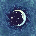 Decorative composition with stylized human faced moon and stars.