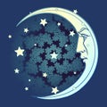 Decorative composition with stylized human faced moon and stars.