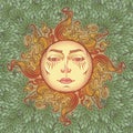 Decorative composition with stylized human faced sun.